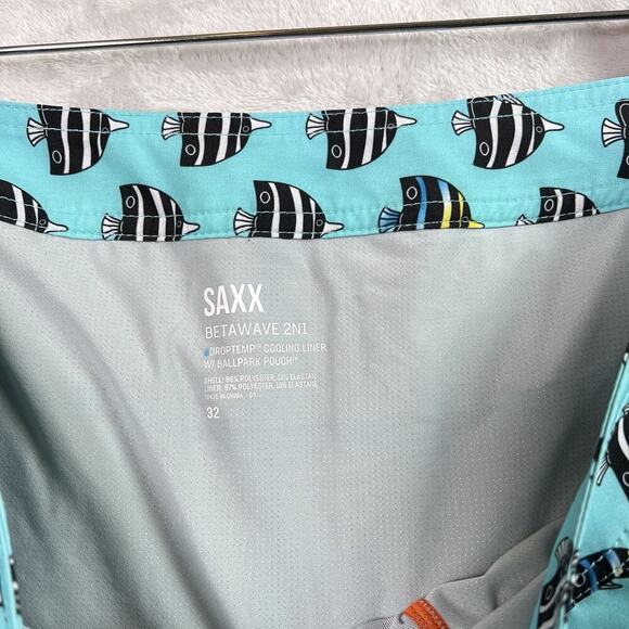 SAXX Betawave 2N1 Board Shorts Men 32" Blue Fish Pattern Drawstring Swim NWOT - Picture 7 of 16